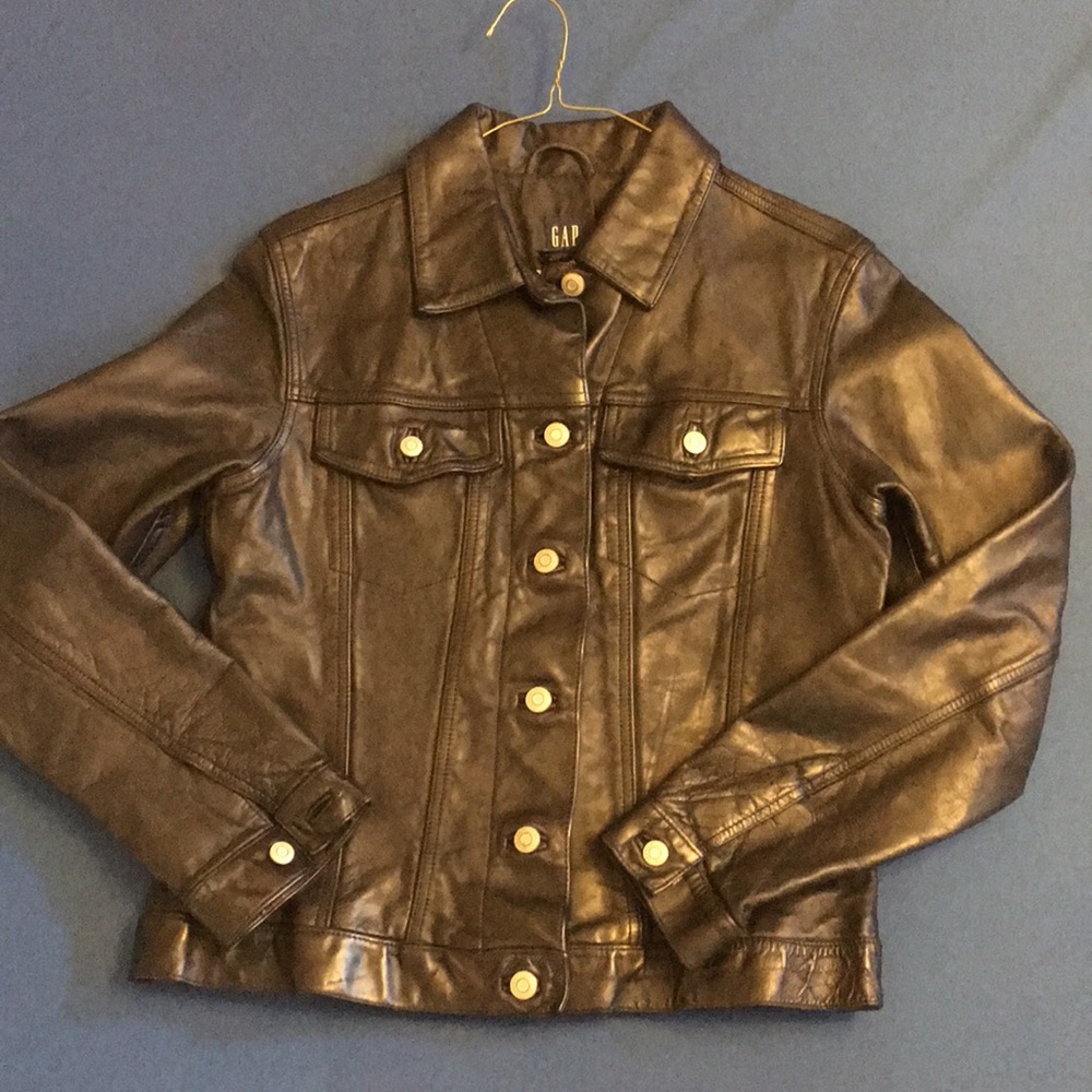 Gap Black leather vintage 90s jacket Moto denim